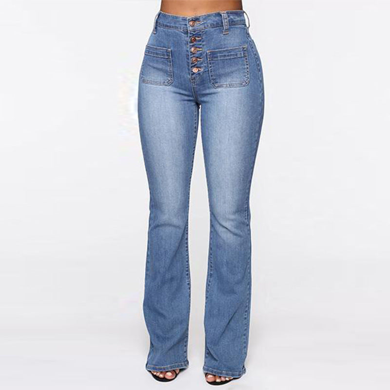 Patch Pocket Ladies' Washed High-Waist Denim Trousers - Plus-Sizes Available