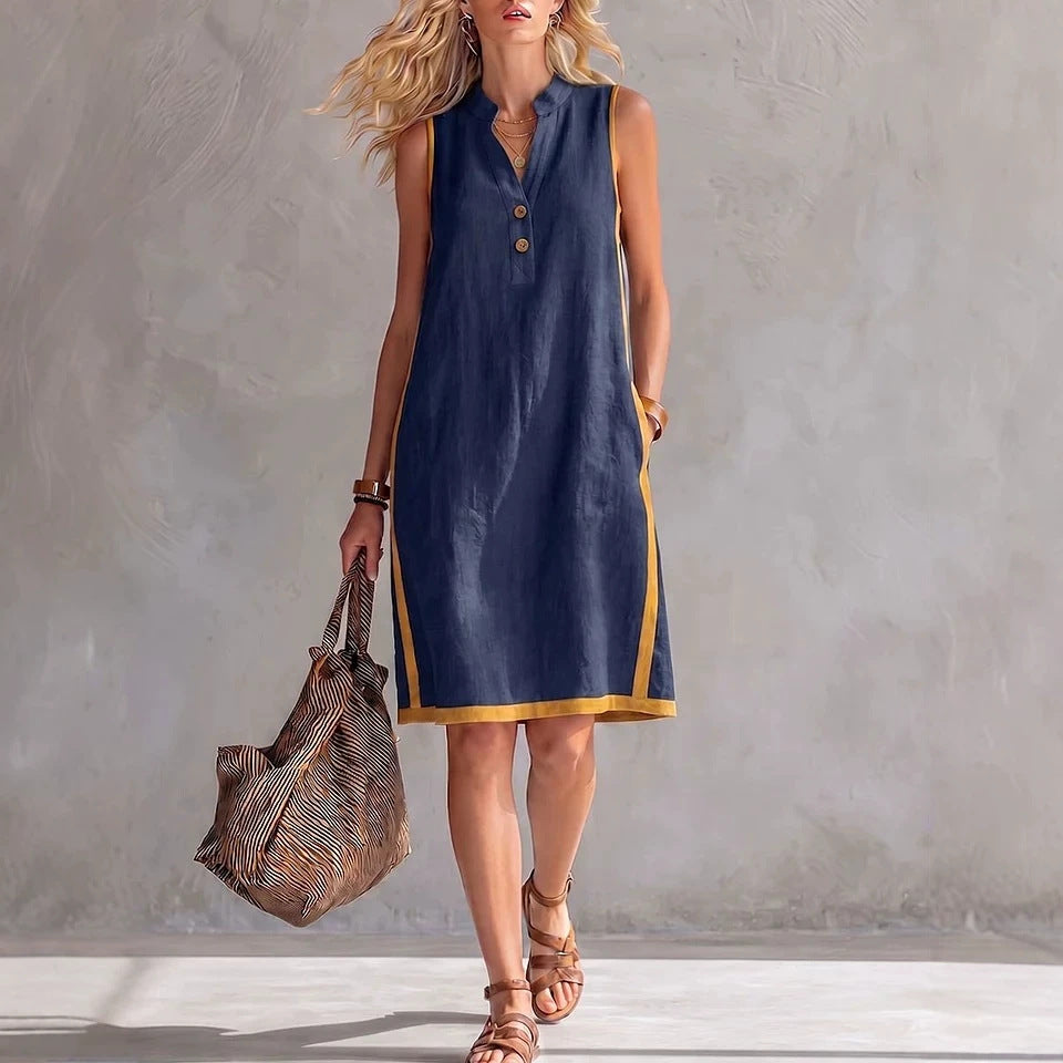 Sleeveless V-neck Pocketed Button Casual Dress