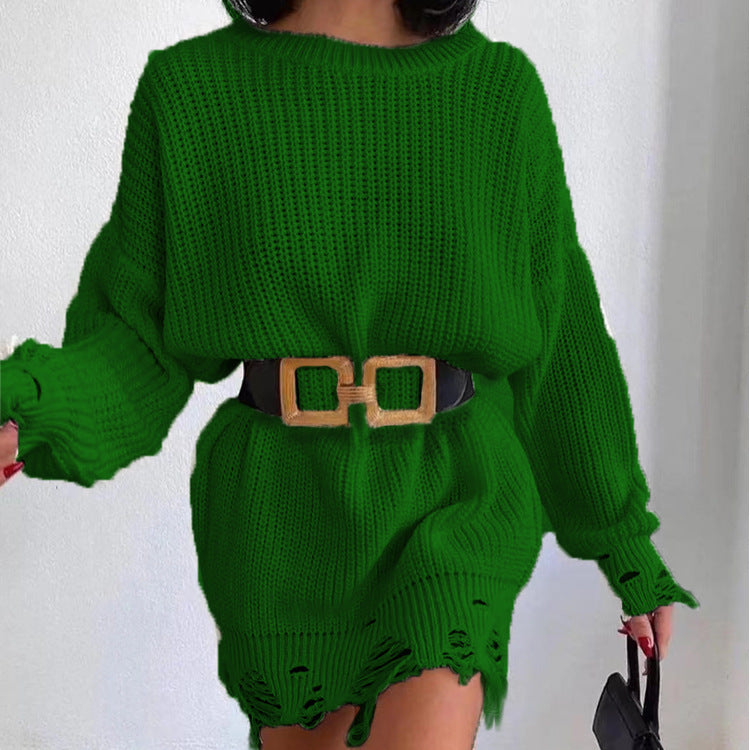 Round-Neck Long-Sleeve Burrs Loose Knitted Pullover Sweater Dress