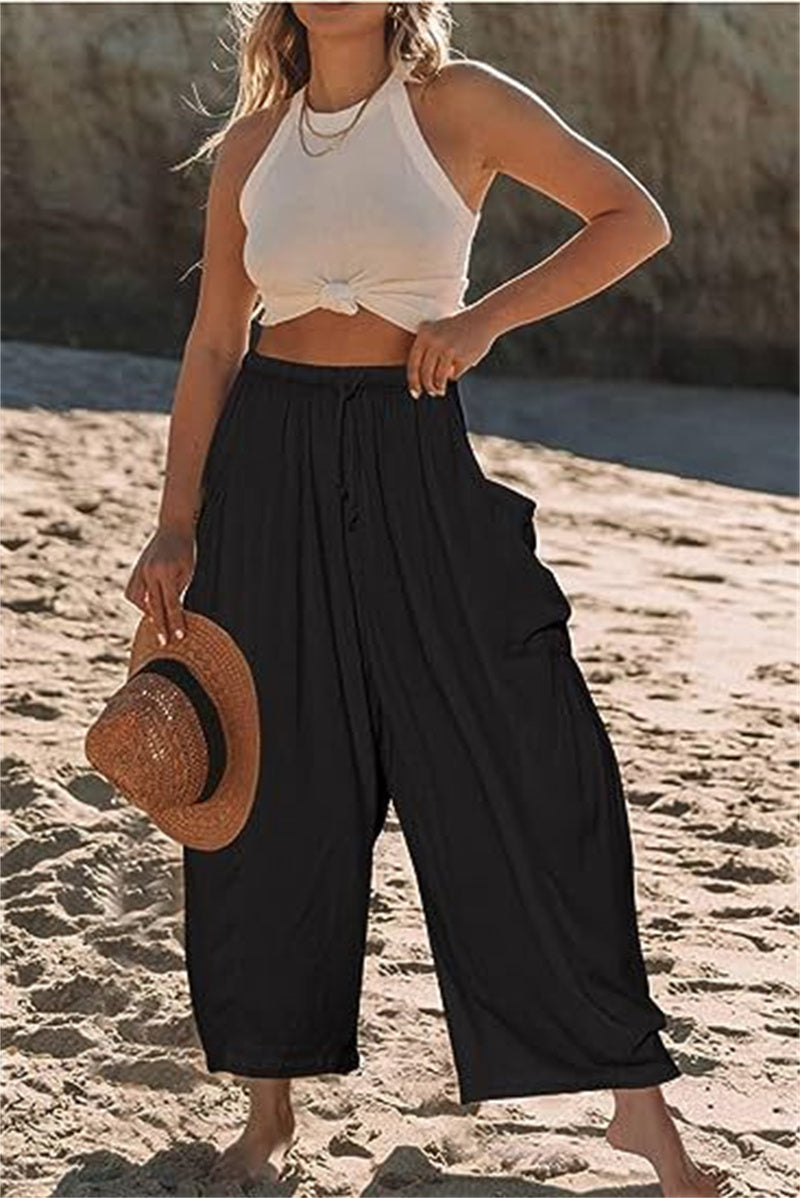 Fashion Wide-Leg Loose Elastic High-Waist Pleated Long Trousers