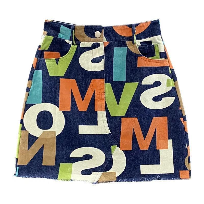 Personalized Colorful Letter Print Korean Version Of High Waisted Denim Skirt