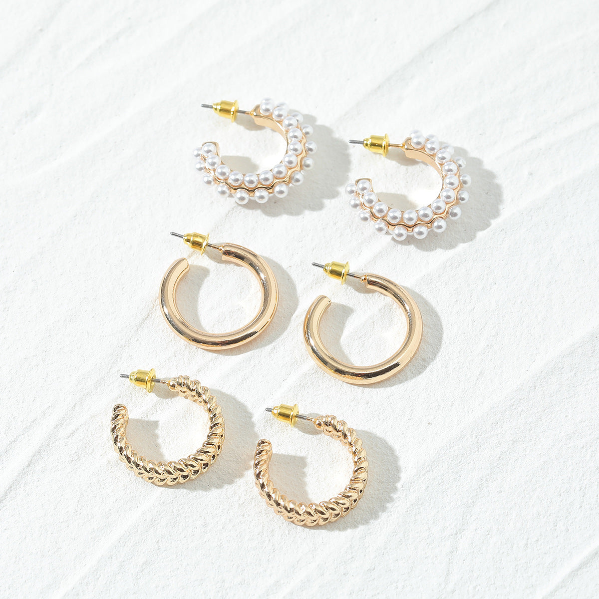 Faux Pearl Hoop Alloy Earrings Set For Women - Three Pairs