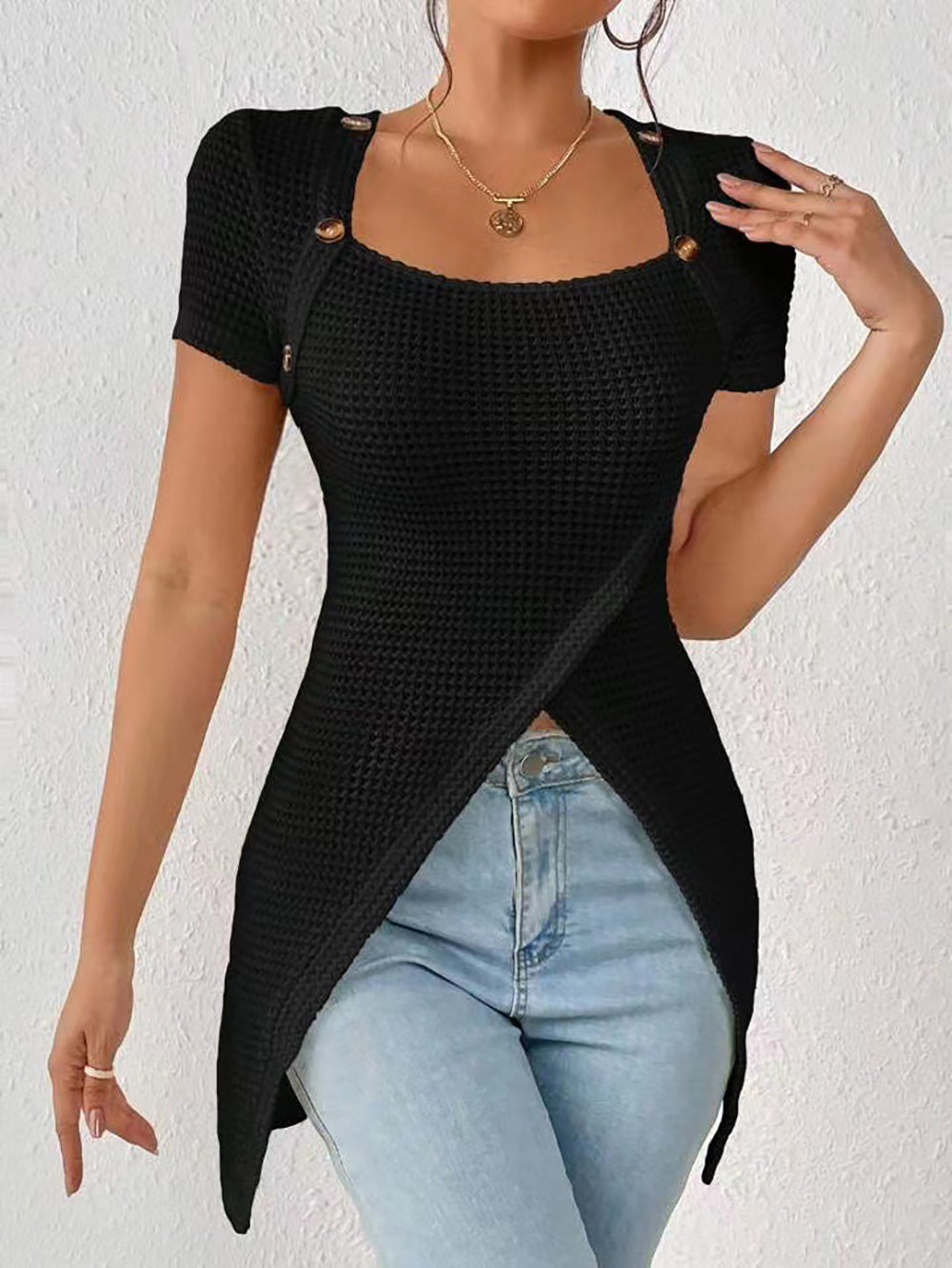Women's Waffle Button Trim Long-Hem Slit Top