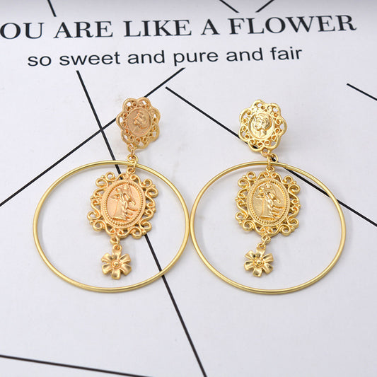 Exaggerated Baroque Head Coin Hoop Earrings For Women