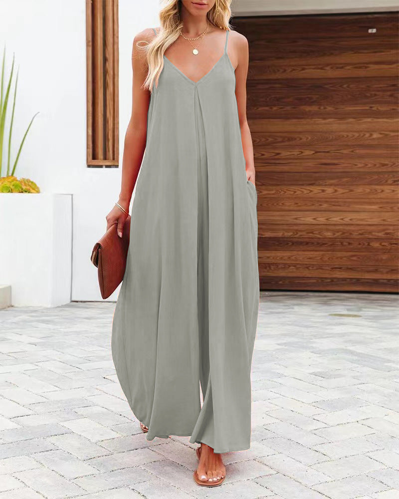 Women's Sling Wide-Leg Pants Solid-Colour Pocket Casual Jumpsuit