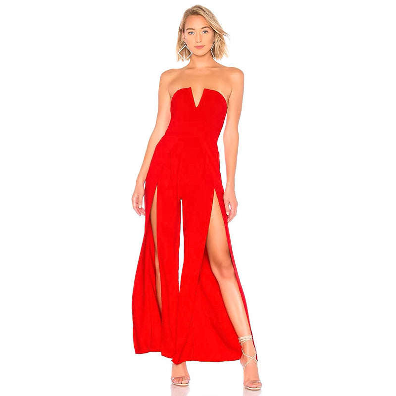 Split Trousers Suit - Women's Tube Top Wrapped Hip Bandage Jumpsuit