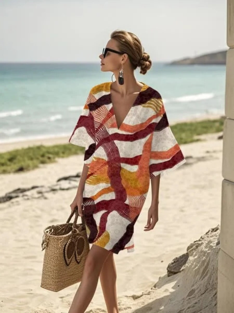 Loose Printed V-Neck Casual Holiday Dress