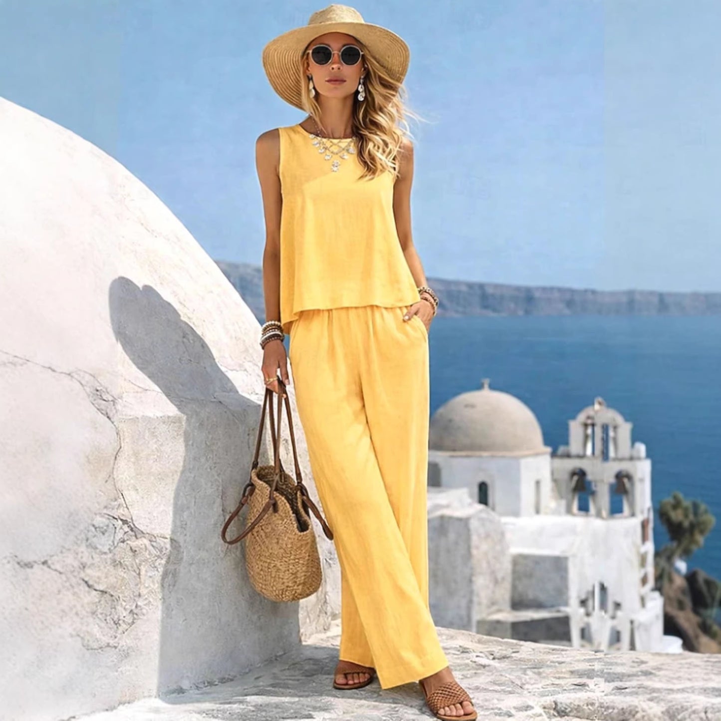 Casual Cotton-Linen Vest & Pants Outfit