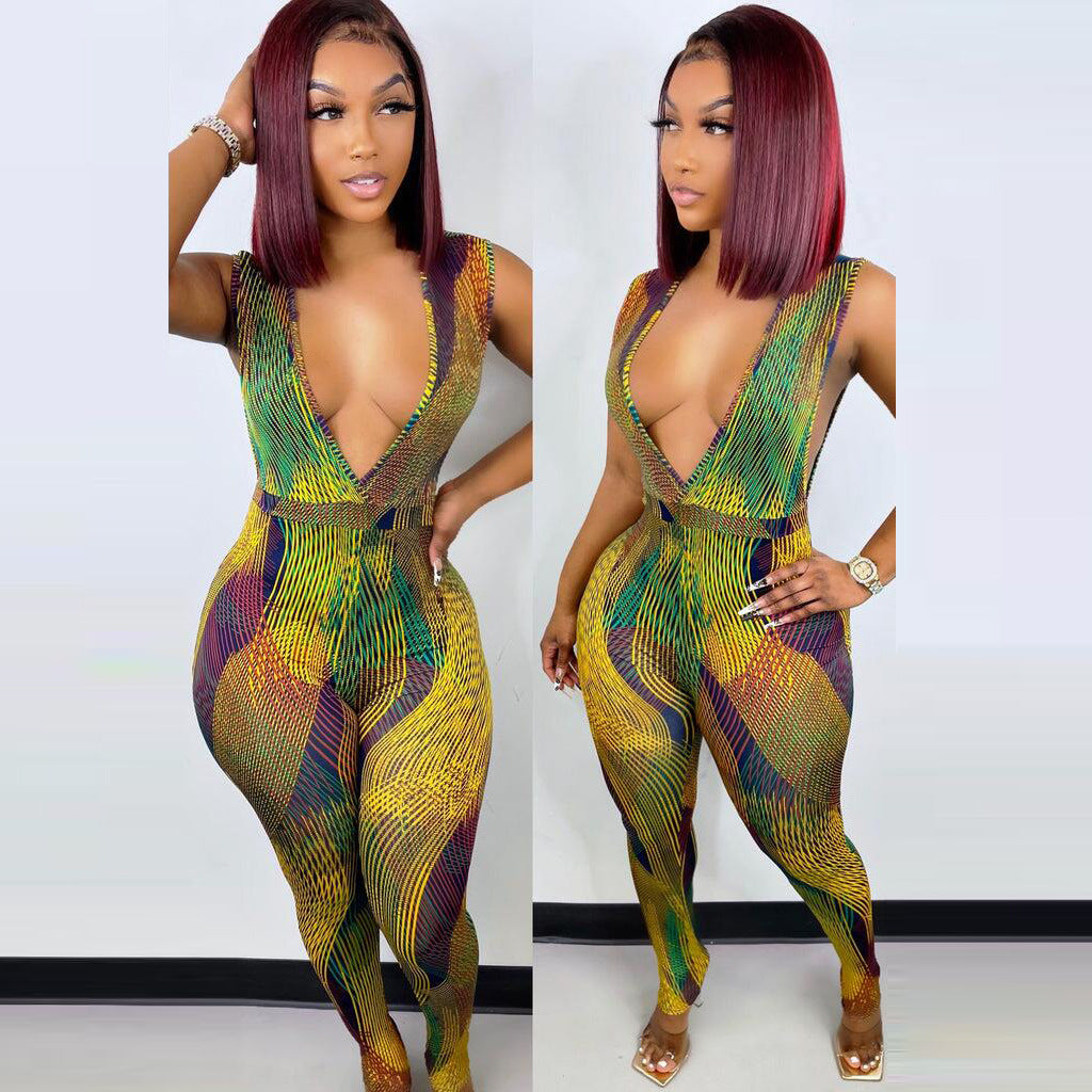 European & American Deep-V Stripe Digital Printing Jumpsuit