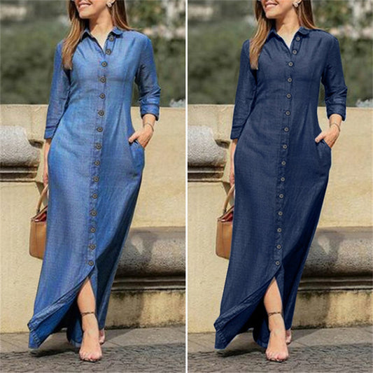 Shirt Collar Denim Button Maxi Dress