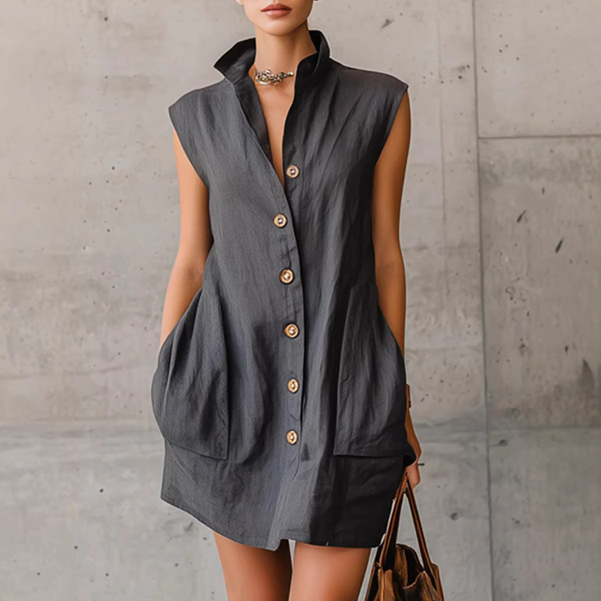Slimming Sleeveless Stand-Collar Shirt Dress