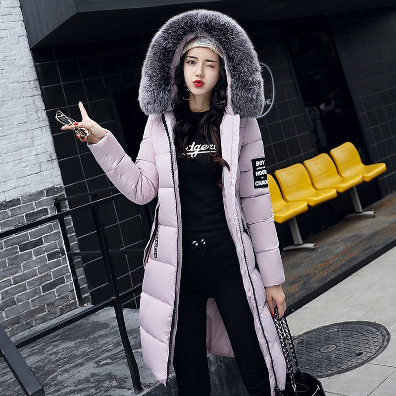 Long Hooded Fur-Collar Cotton Jacket