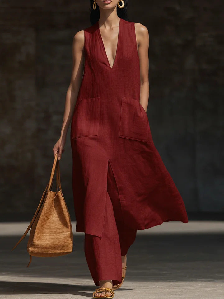 Casual New Style V-Neck Sleeveless Dress Set
