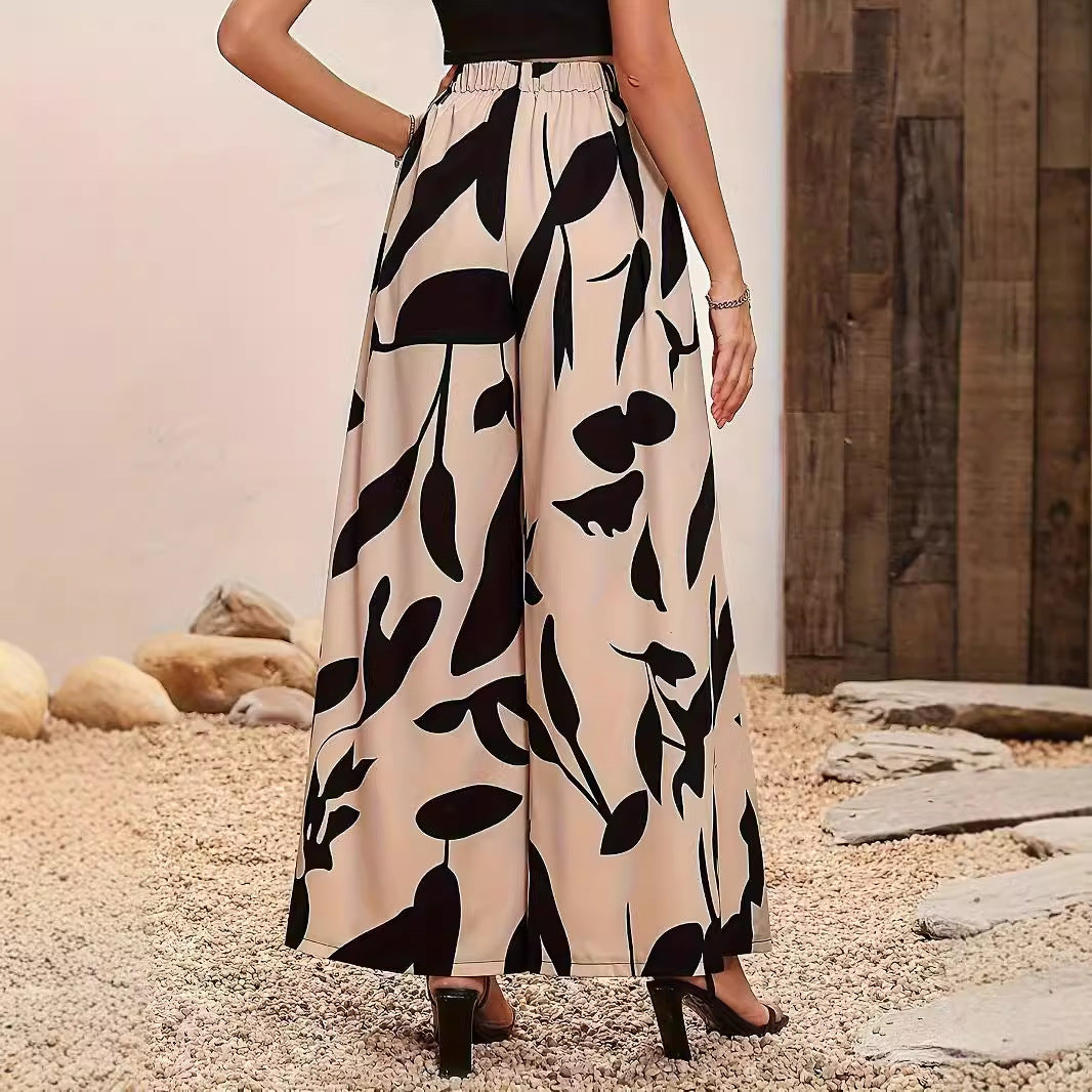 Leaf Print Wide-Leg Casual Pants