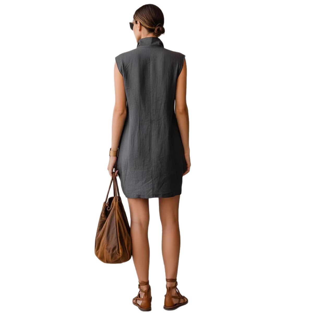 Slimming Sleeveless Stand-Collar Shirt Dress