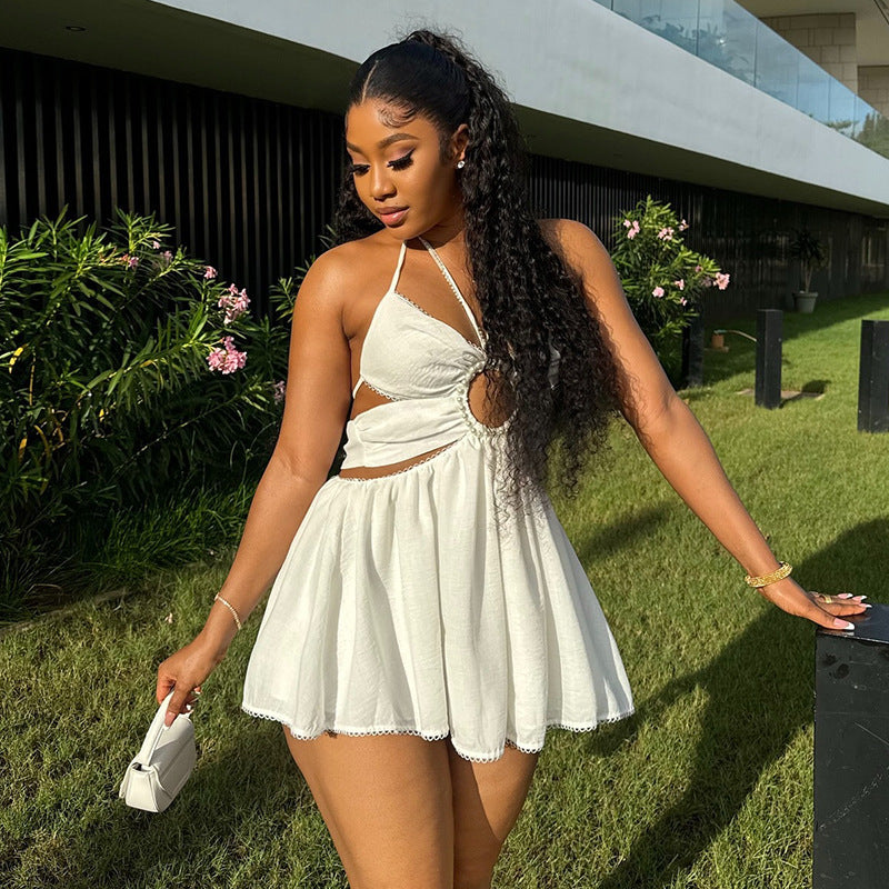 Halter Tether Beaded High-Waist Mini Dress