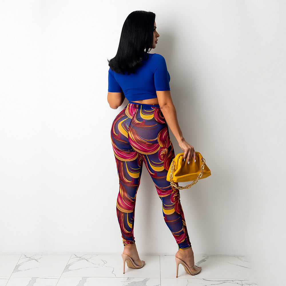 Sexy Mesh Printed Trousers Women Two-Piece Suit