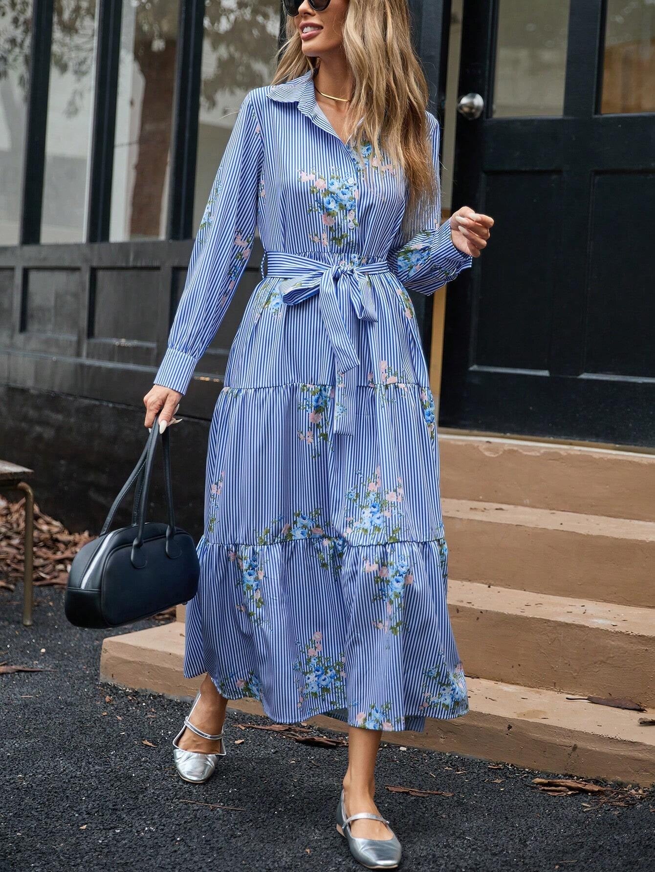 Flower Striped Printed Long Sleeved Shirt Dress