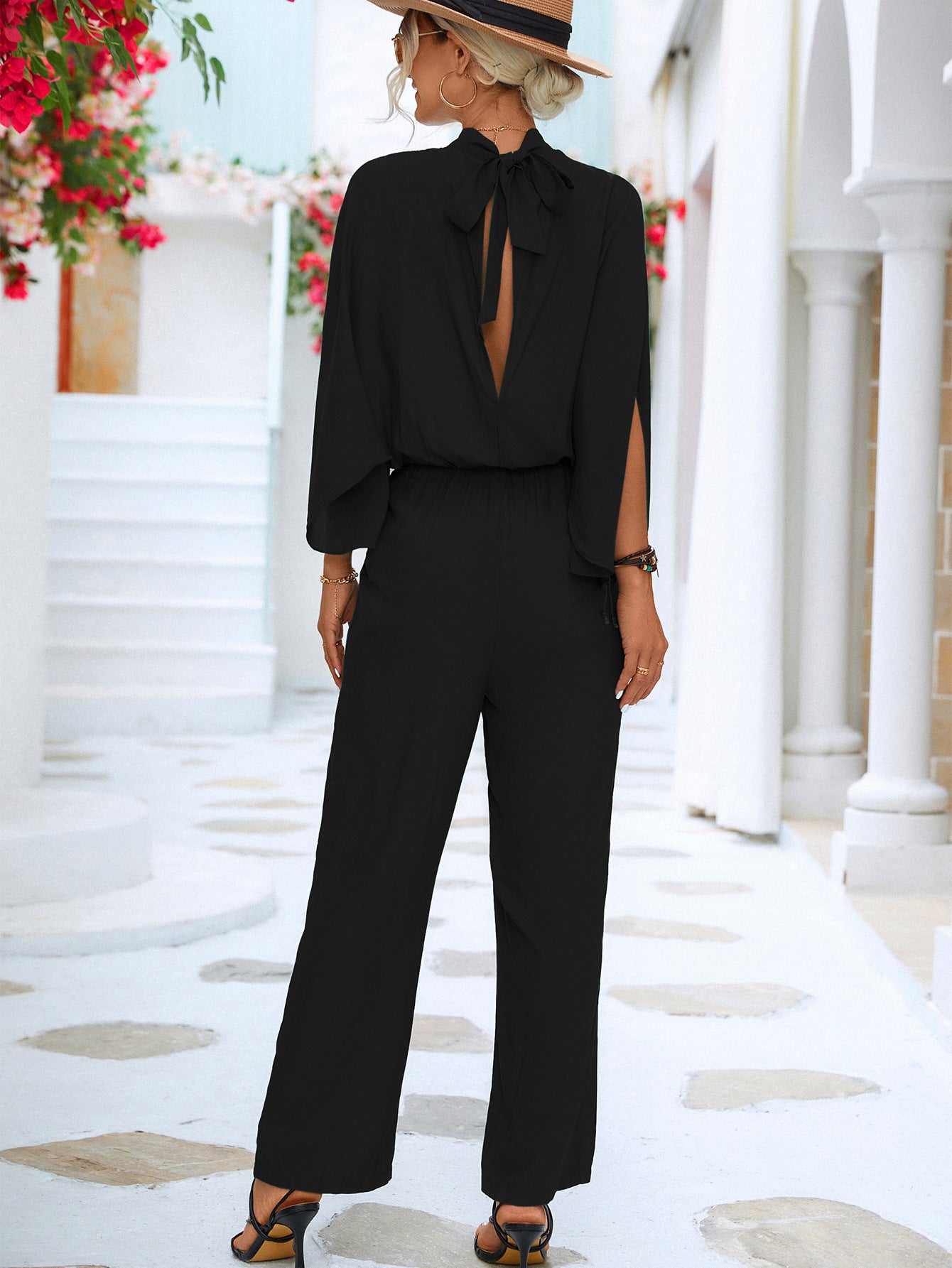 Stand-Collar Jumpsuit With Loose Split Long Sleeves