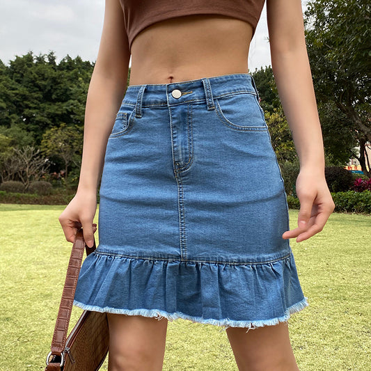 Retro Stitching Pleated Denim Skirt