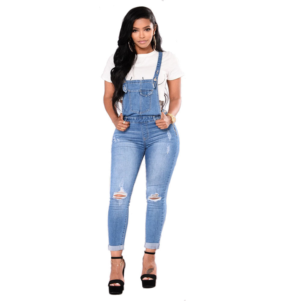 Women's Ripped Denim Suspender Pencil Pants Overalls