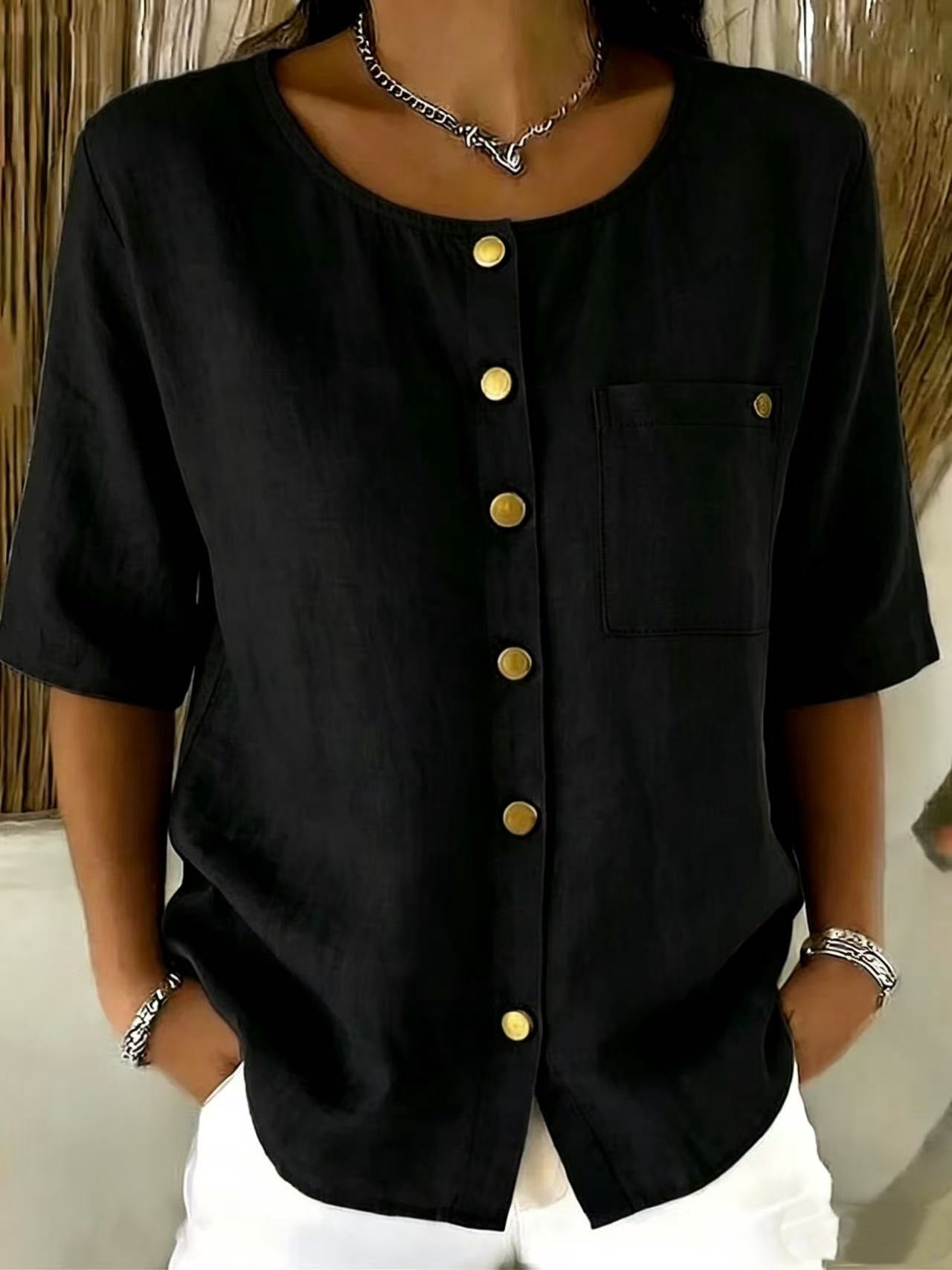 Womens Crew-Neck Shirt With Metal Buttons And Three-Quarter Sleeves