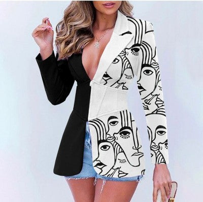 Women's Printed Contrast-Colour Lapel Blazer