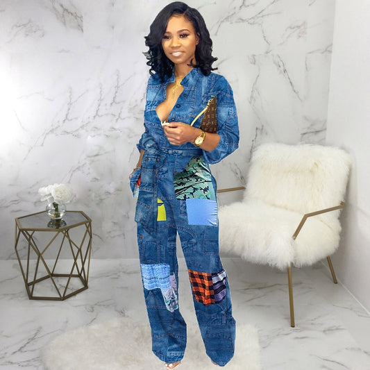 European & American Fashion Denim Jumpsuit