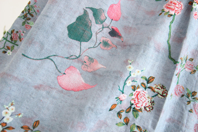 Women's Cotton And Linen Color A-Line Floral Long Dress