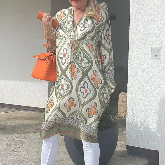 V-Neck Printed Loose Midi Dress