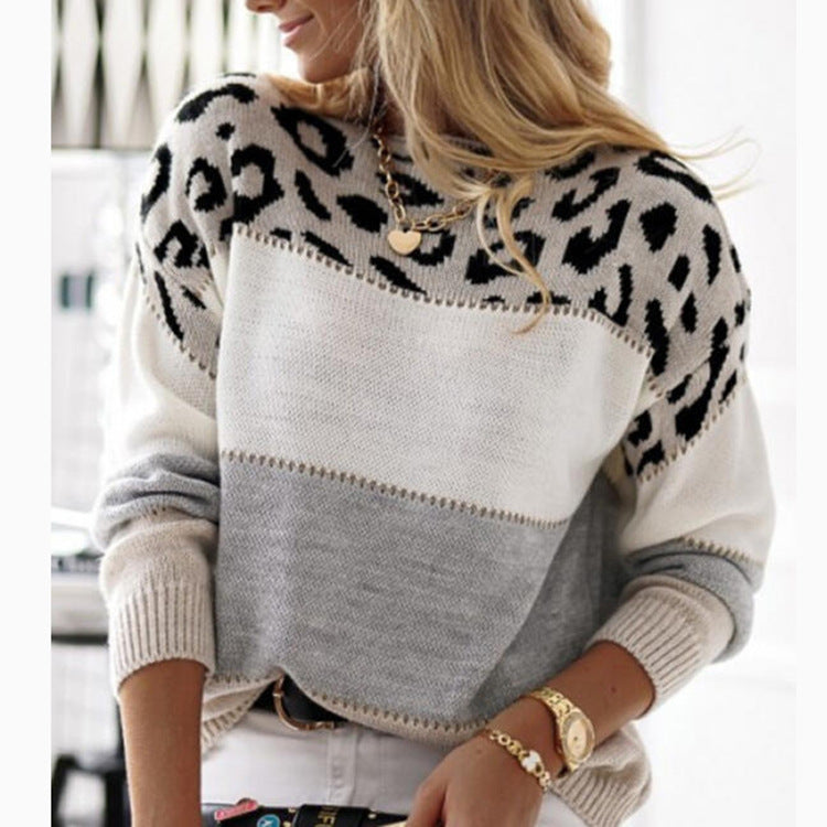 Colour-Block Leopard Print Round-Neck Women's Casual Sweater