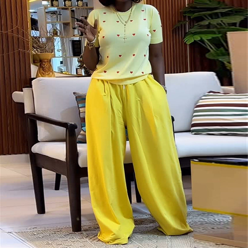 Crew-neck Heart-print Short-sleeve Top And Wide-leg Trousers Set
