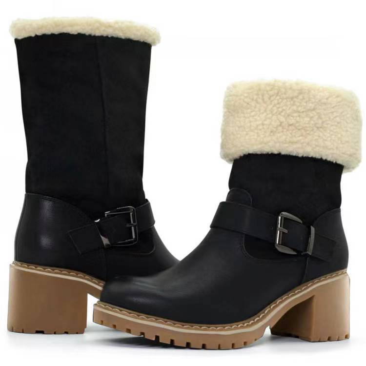 Fashion Round-Toe Boots With Buckle Chunky Heel