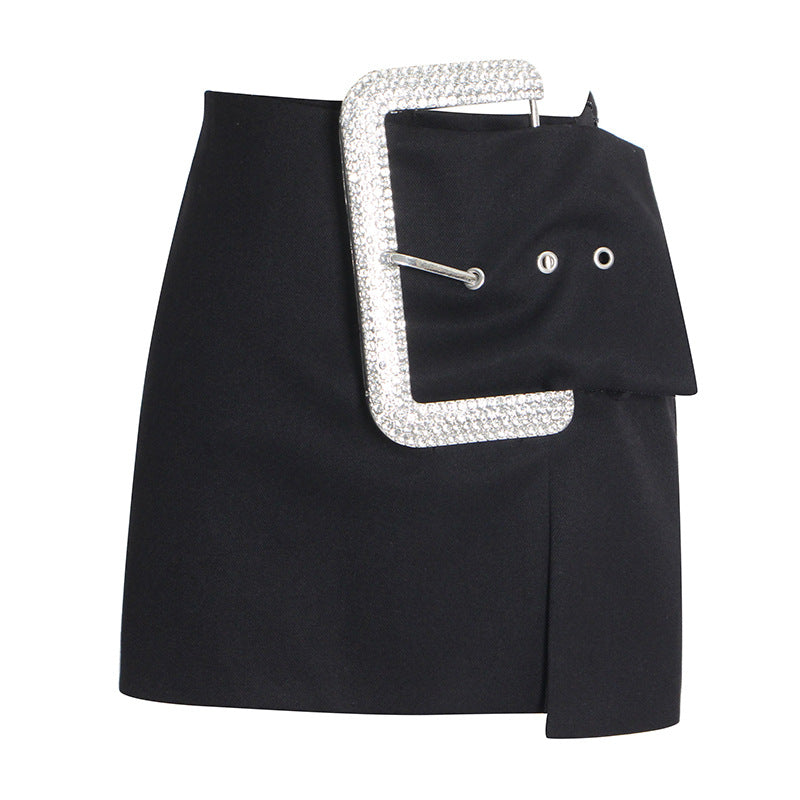 Belt Slit Mini Skirt With Big Diamond Buckle