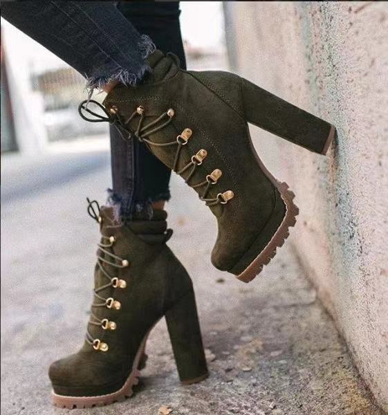 Round-Toe Lace-Up High-Heel Boots