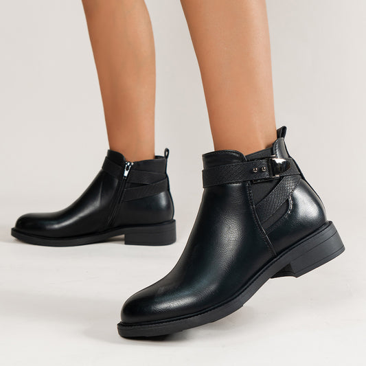 Chelsea Black Ankle Boots For Women - Side Zipper Buckle Shoes