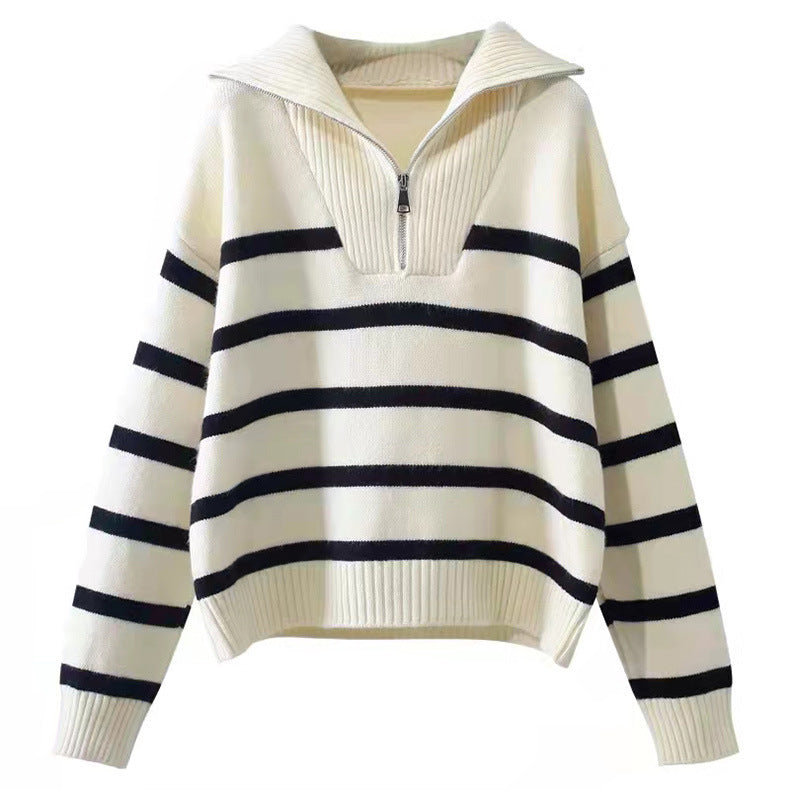 Korean-Style Loose Fashion Zipper Striped Sweater