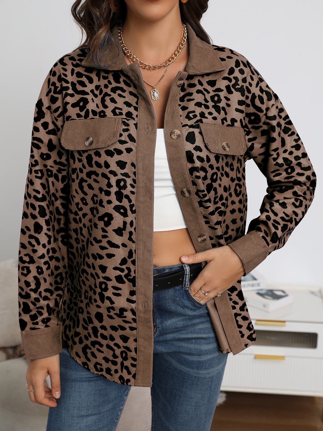Leopard Print Corduroy Shirt Jacket