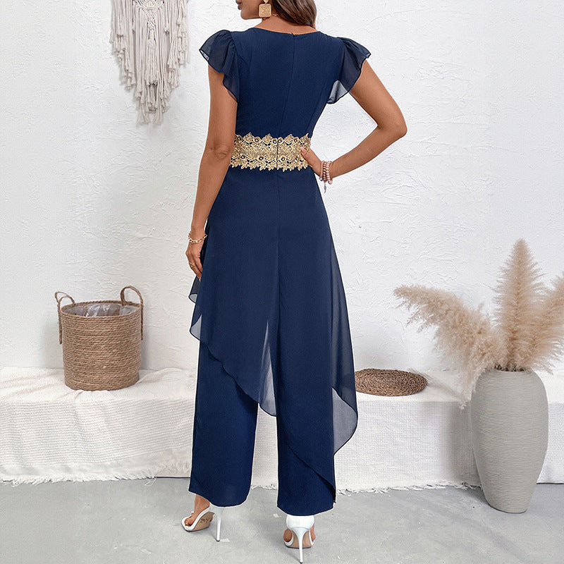Lace V-Neck Stitching Jumpsuit