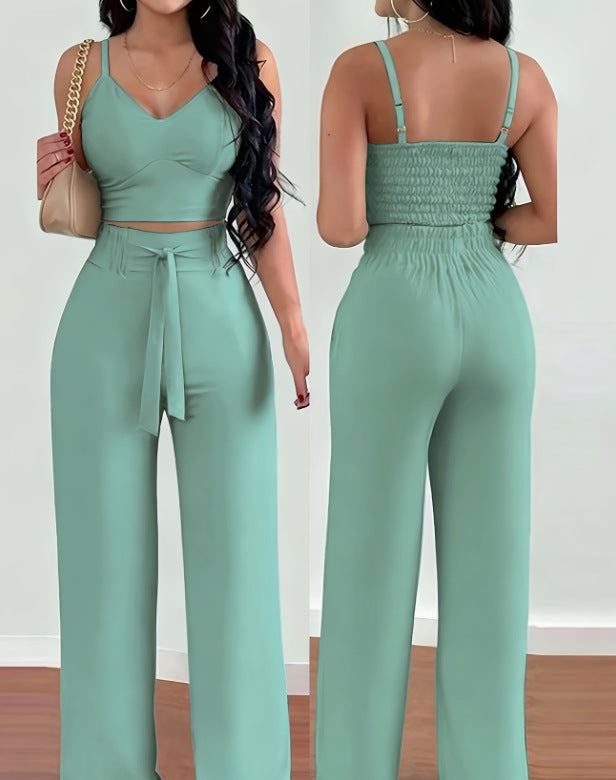 Sexy Backless Halter V-Neck Short Tank Top With Drawstring High-Waist Straight-Leg Pants