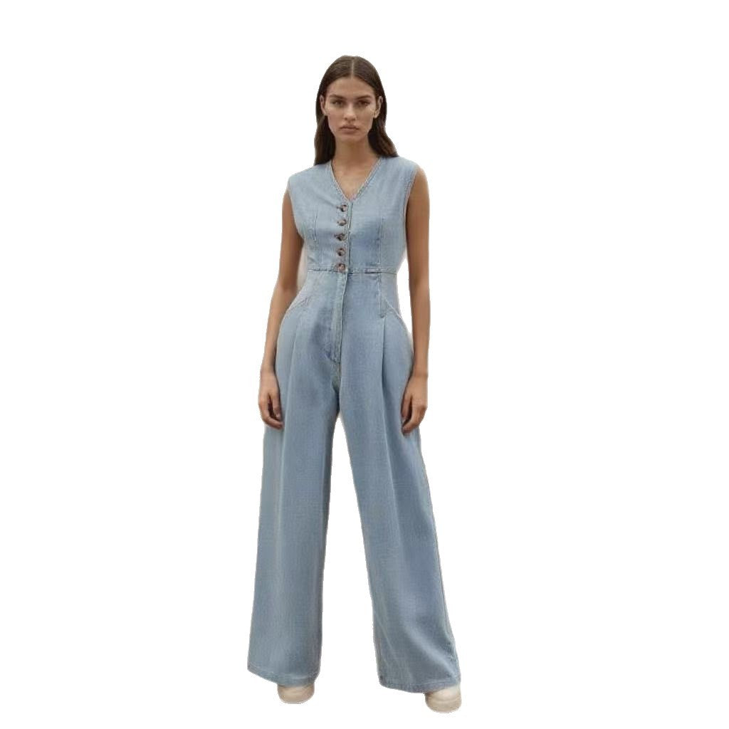 V-Neck Double-Breasted Sleeveless Wide-Leg Denim Jumpsuit