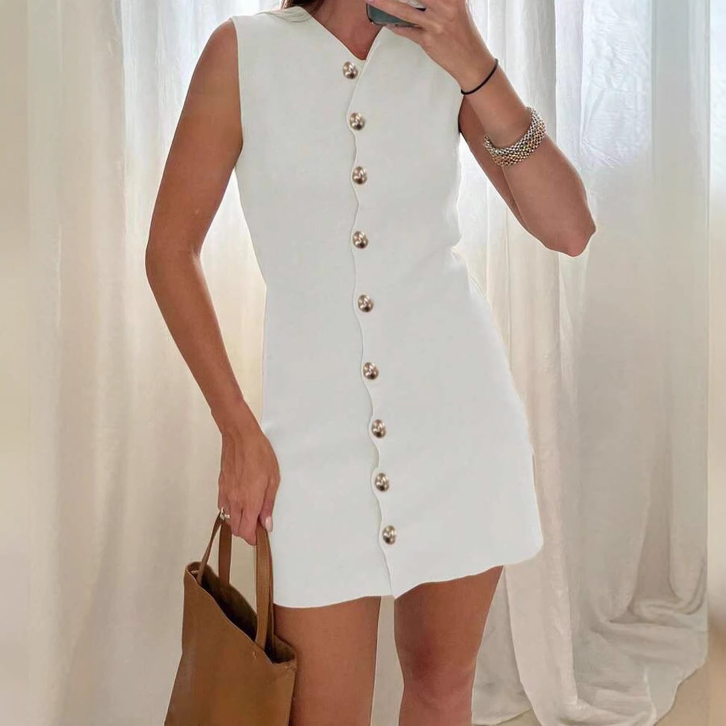 New Womens Dress Solid-color Single-breasted V-neck