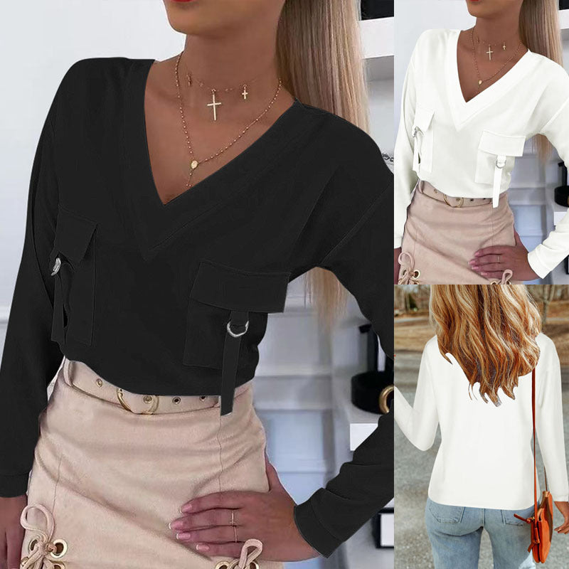 Women's V-Neck Pocket Long-Sleeve Top