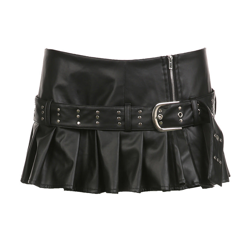 Dark Style Street Hipster Rivet Wide-Belt Split-Leather Hot Girl Low-Waist Skirt