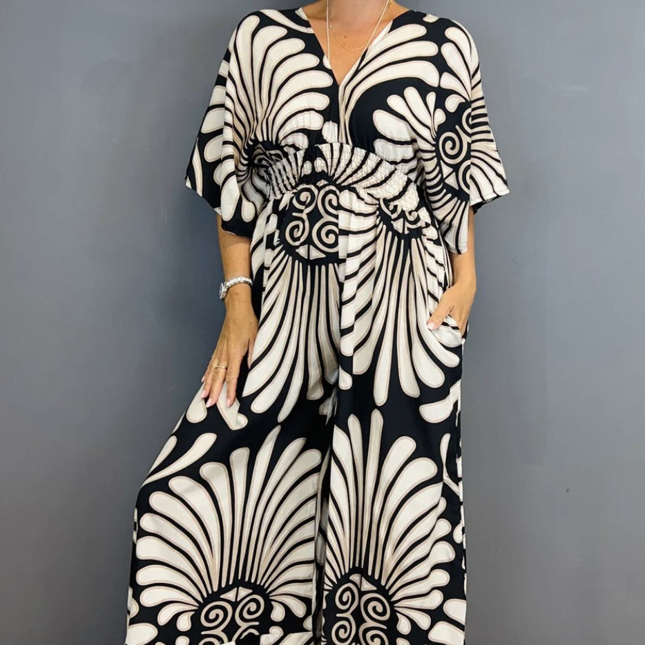V-Neck Printed High-Waist Jumpsuit