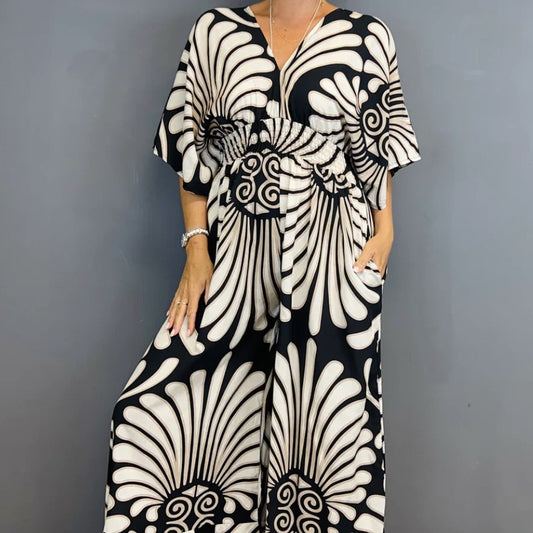 V-Neck Printed High-Waist Jumpsuit