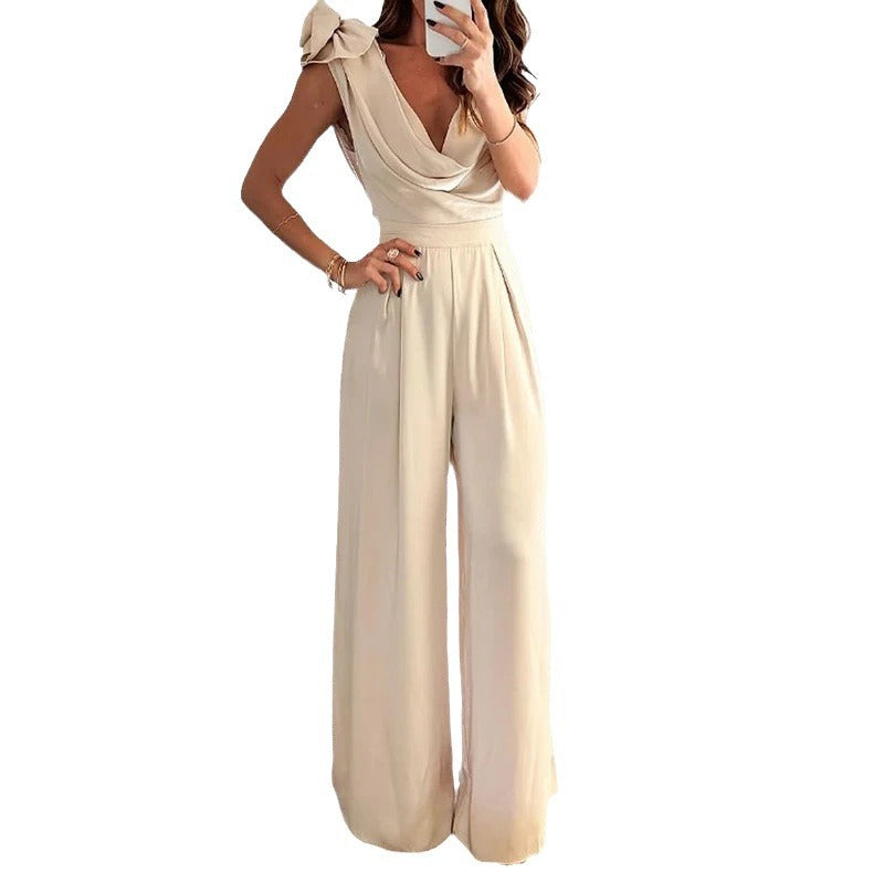 Low-Collar Solid-Colour Elegant-Waist Wide-Leg Jumpsuit