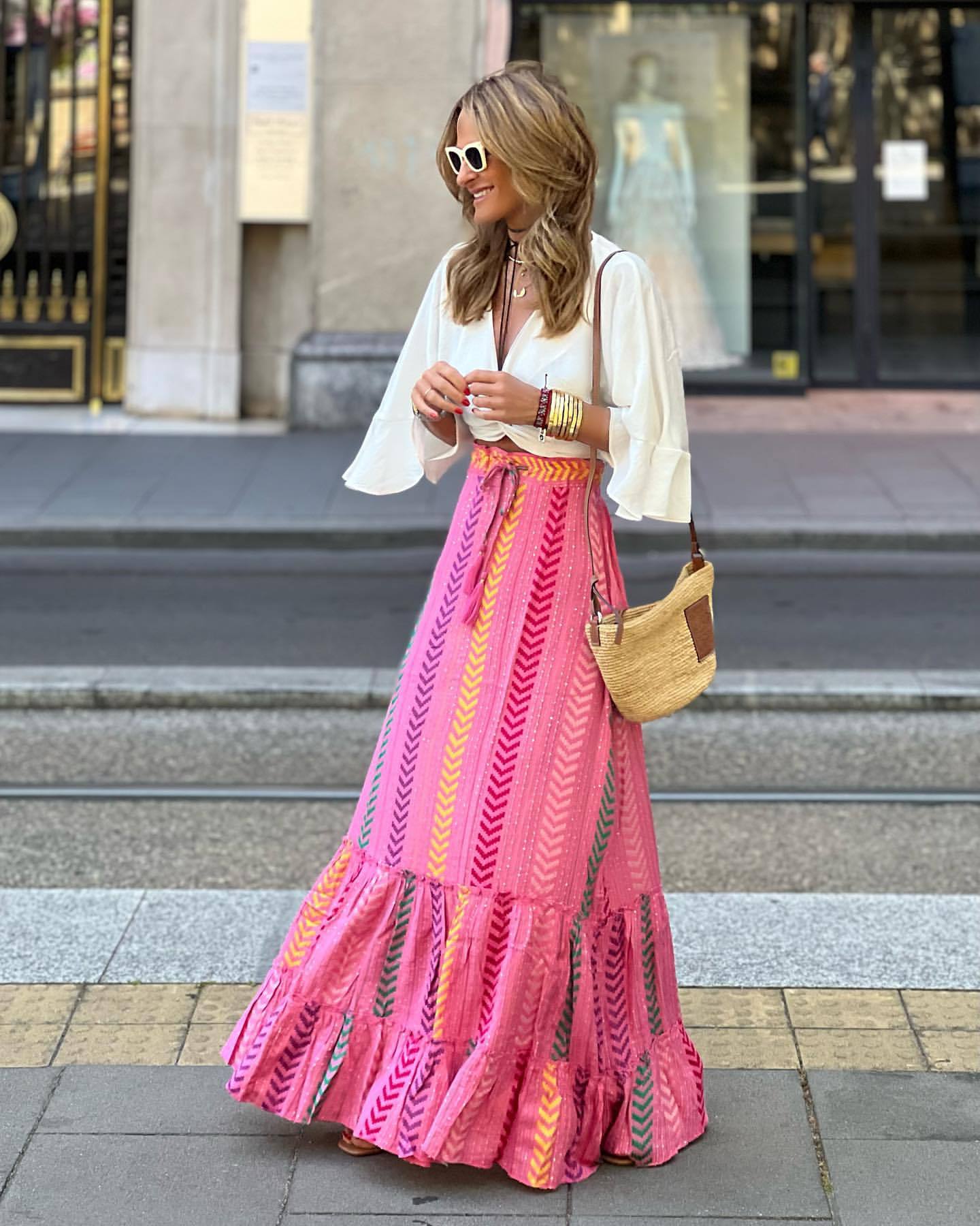 Vacation-Style Bohemian Printing Big-Hem Skirt