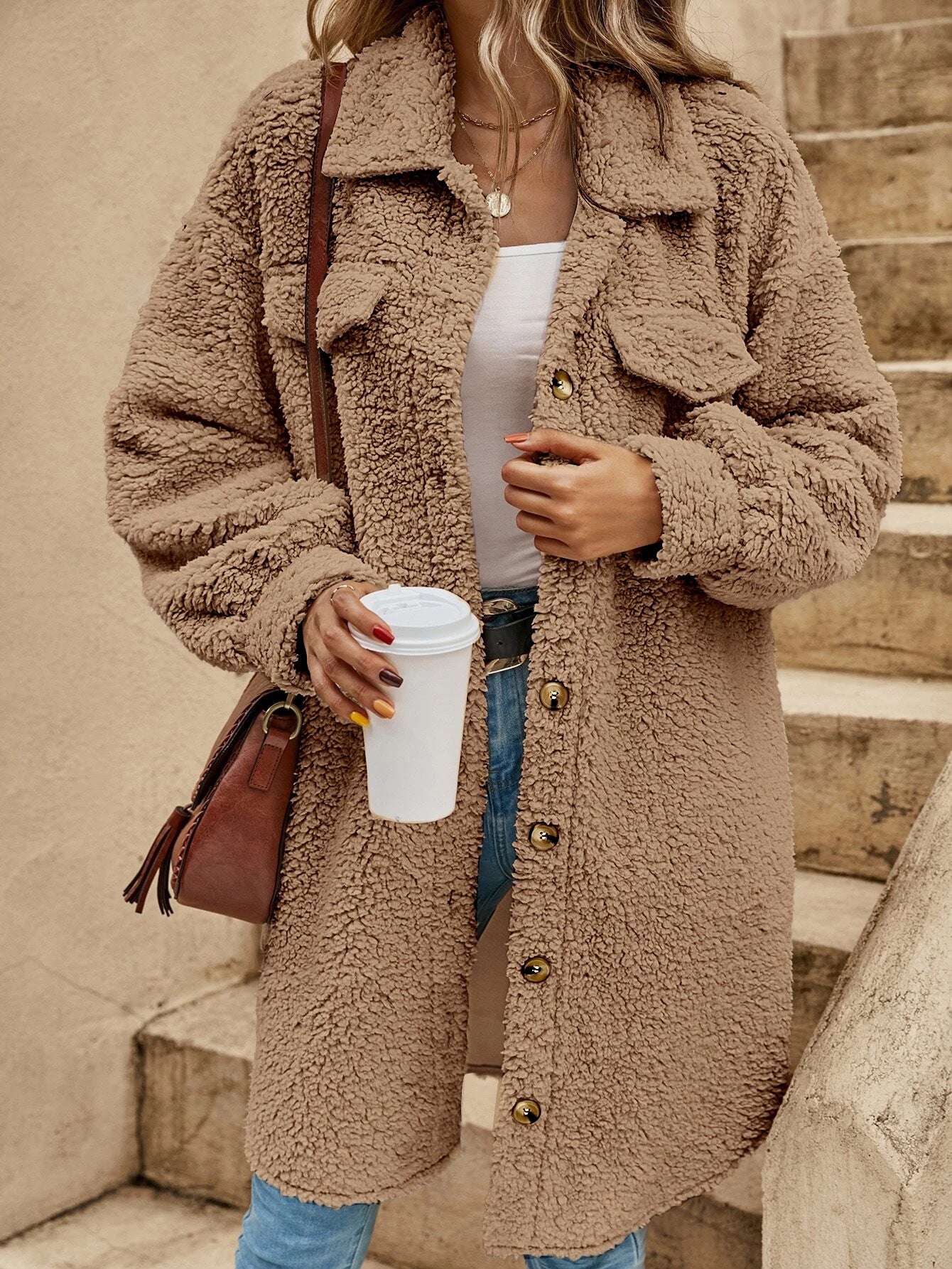 Open-Button Lapel Plush Loose Long-Cut Coat