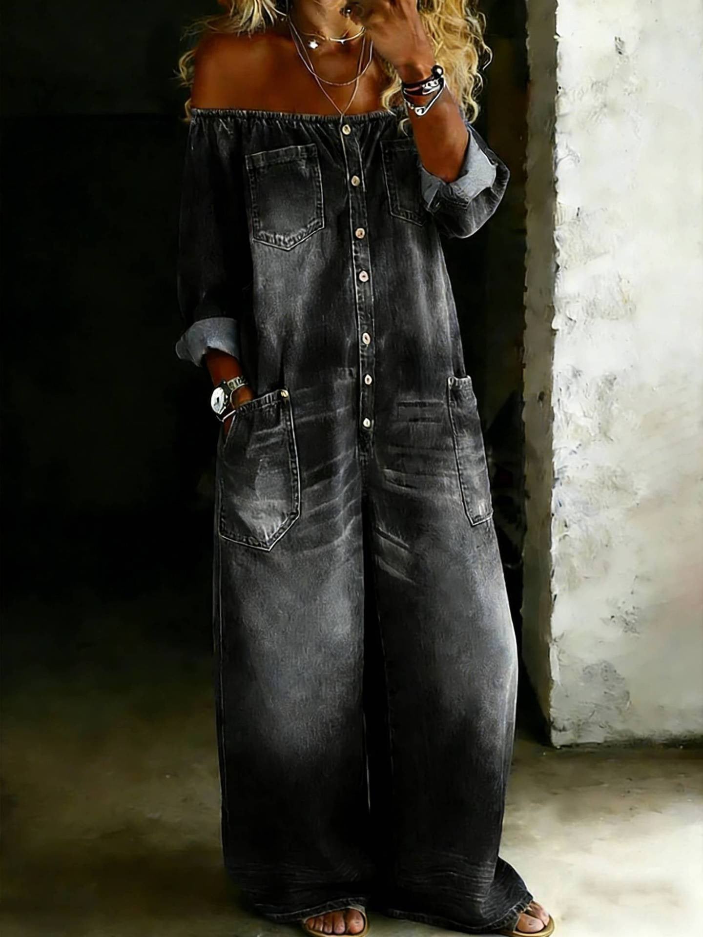 Single-breasted Off-shoulder Washed Faux Denim Jumpsuit